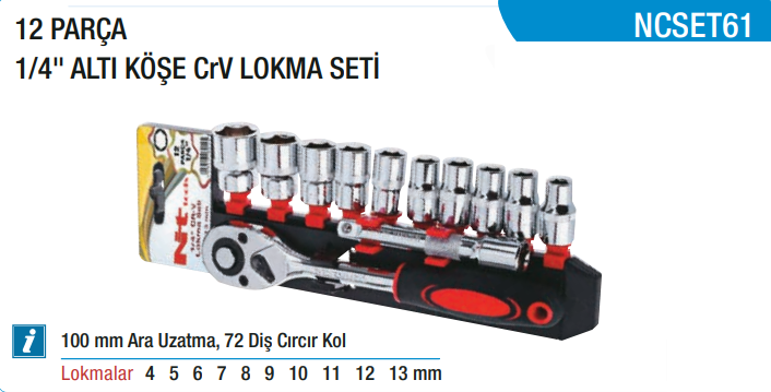 NT TOOLS 1/4'' ALTI KÖŞE LOKMA TAKIMI 12 PARÇA